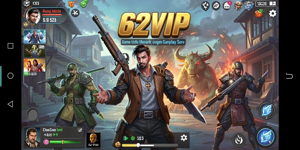 Screenshot utama 62VIP menampilkan karakter yang sedang mengumpulkan sumber daya.