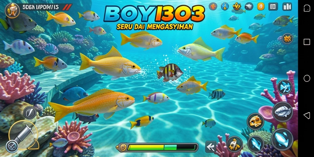 Tampilan gameplay BOY303 saat menembak ikan yang berwarna-warni.