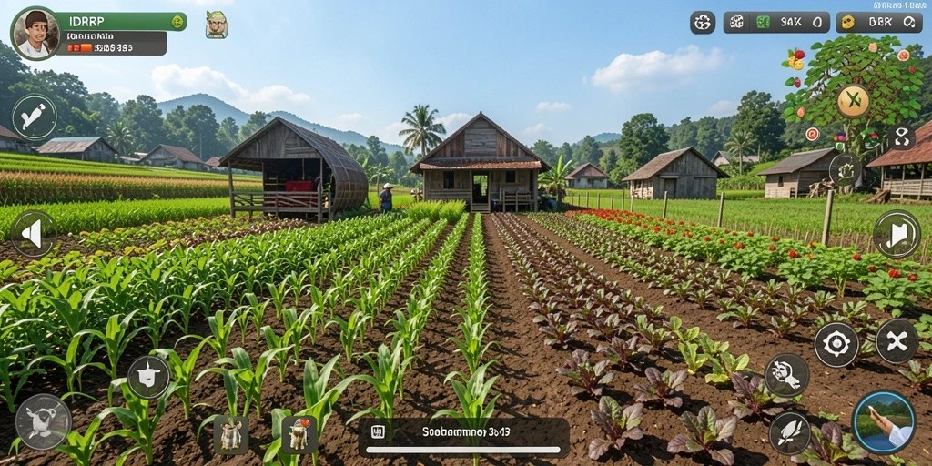 Screenshot gameplay IDRRP menampilkan kebun yang subur dan hewan ternak yang sehat.