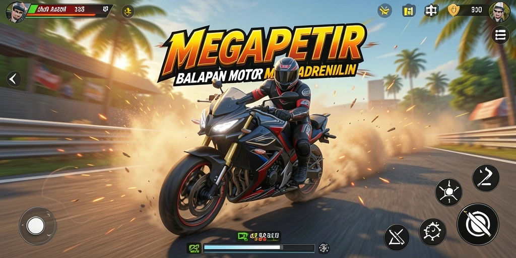 Tampilan gameplay seru MEGAPETIR dengan balapan motor yang menegangkan.
