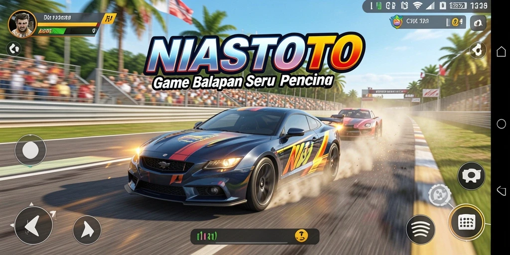 Gameplay seru NIASTOTO dengan mobil balap cepat di trek.