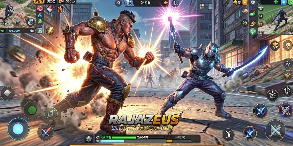 Tampilan gameplay RAJAZEUS dengan pertarungan yang mendebarkan dan karakter aksi.
