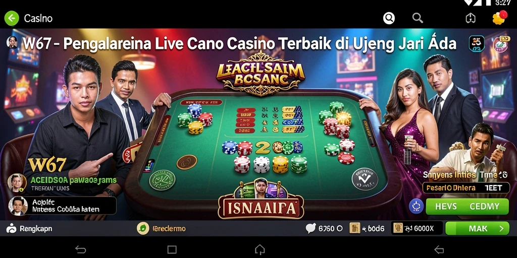 Tampilan gameplay W67 yang menarik dengan dealer langsung dan suasana kasino.